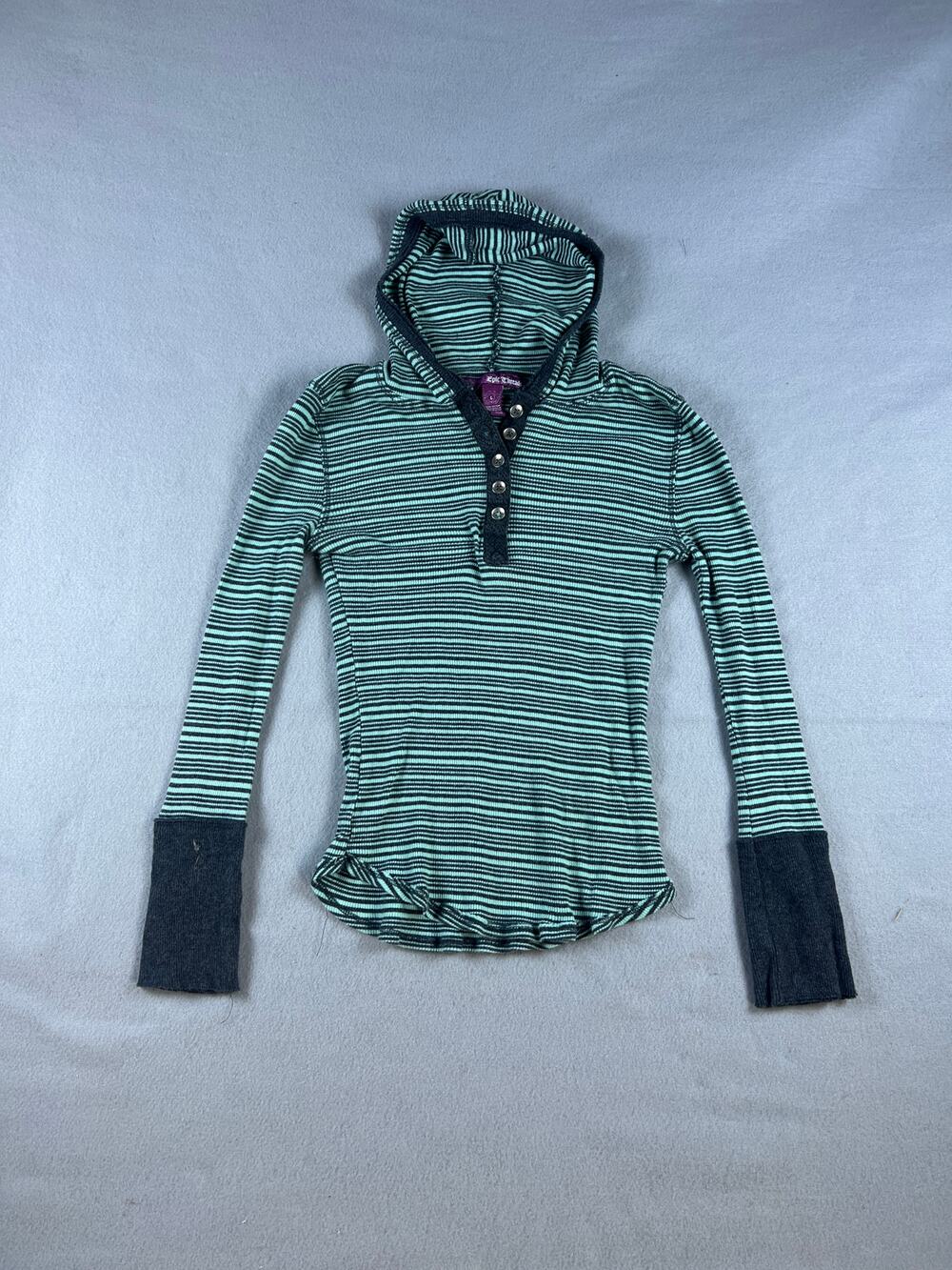 Epic Threads Thermal Hoodie Shirt Girls L Green Black Henley Striped Waffle Knit